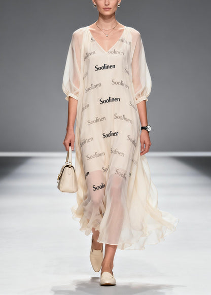 Apricot V Neck Print Chiffon Maxi Dress Summer