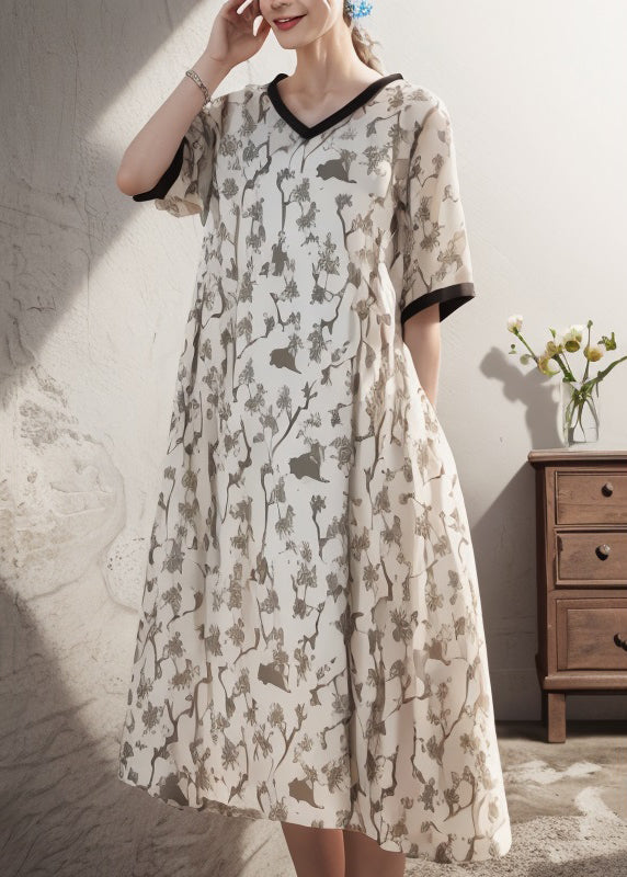 Apricot V Neck Print Patchwork Silk Dress Summer