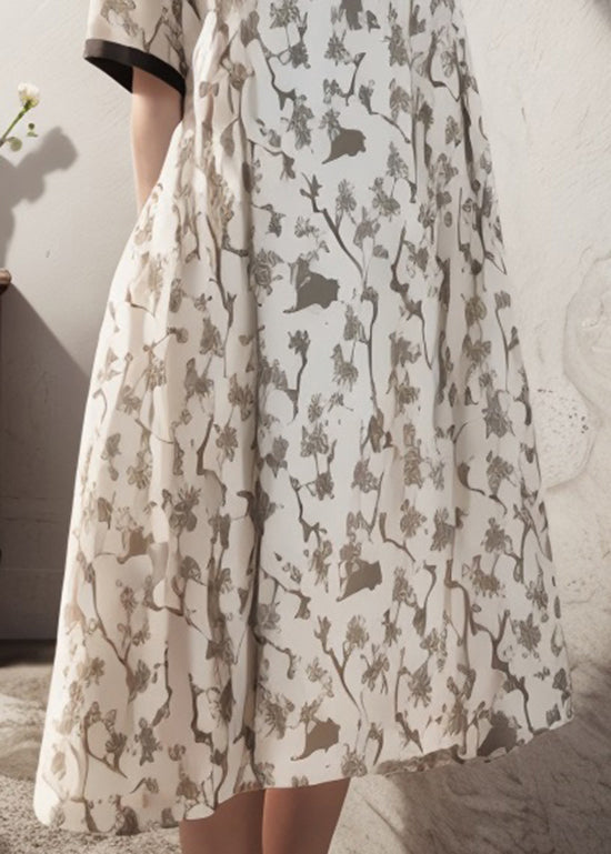 Apricot V Neck Print Patchwork Silk Dress Summer