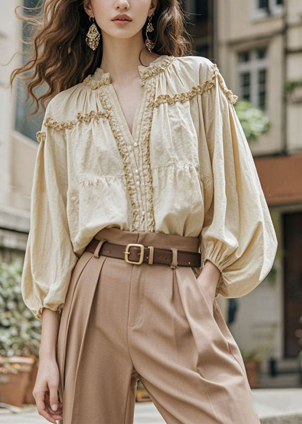 Women Apricot V Neck Ruffled Patchwork Cotton Shirt Fall