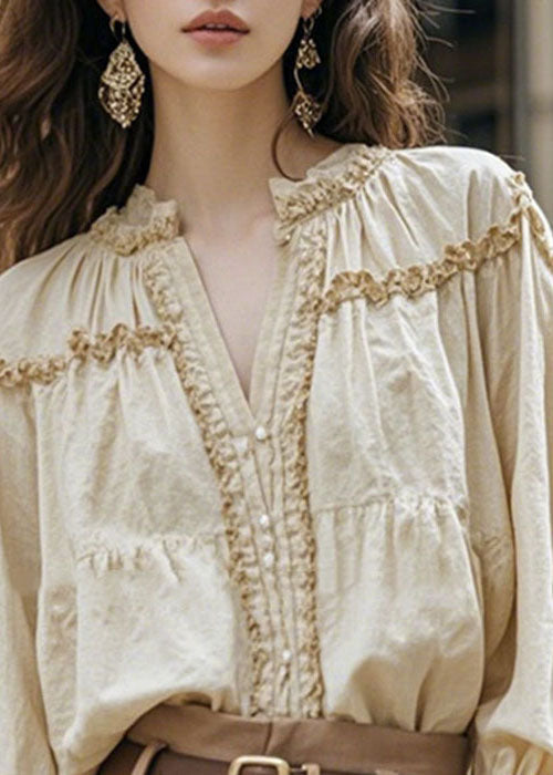 Women Apricot V Neck Ruffled Patchwork Cotton Shirt Fall