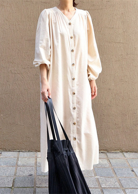 Apricot V Neck Wrinkled Patchwork Cotton Dresses Lantern Sleeve