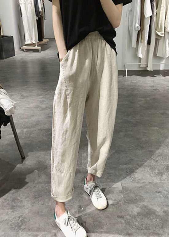Apricot Wrinkled Pockets Elastic Waist Linen Crop Pants Summer