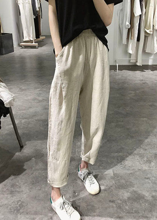 Apricot Wrinkled Pockets Elastic Waist Linen Crop Pants Summer
