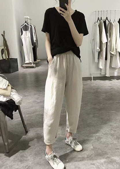 Apricot Wrinkled Pockets Elastic Waist Linen Crop Pants Summer