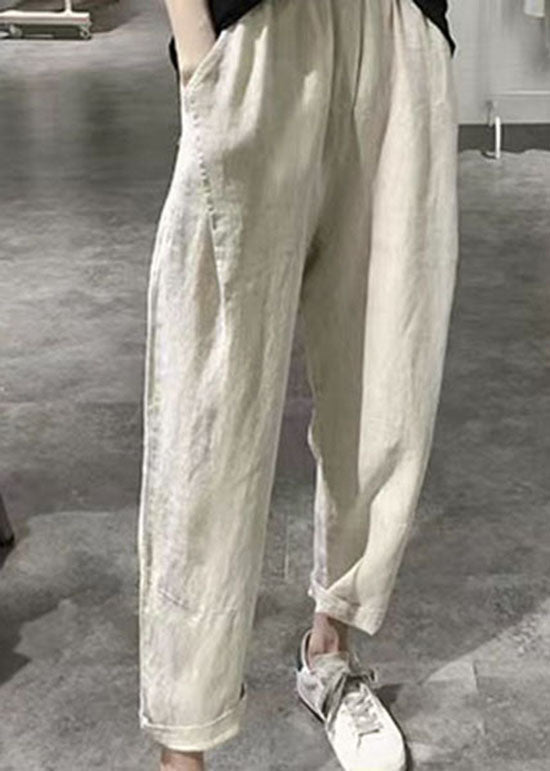 Apricot Wrinkled Pockets Elastic Waist Linen Crop Pants Summer