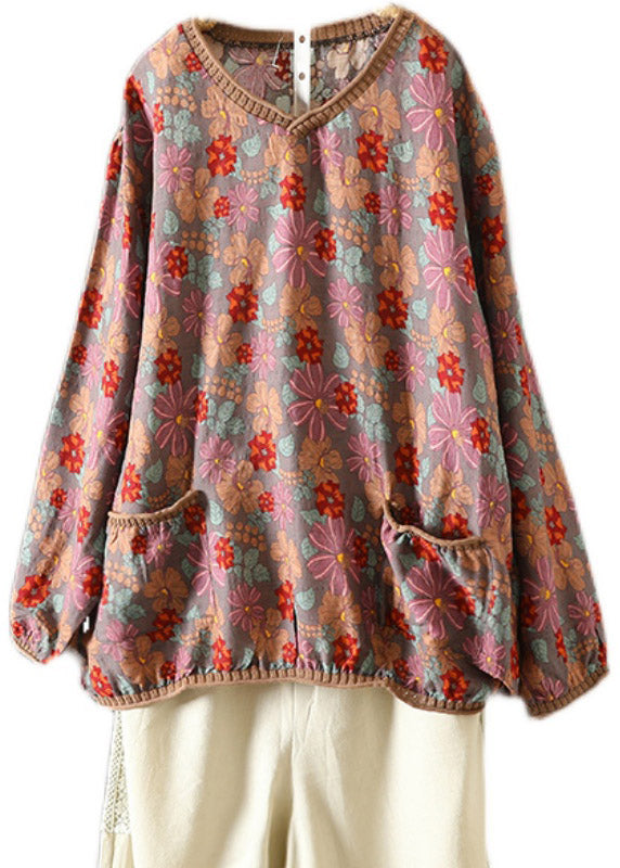 Apricot Yellow V Neck Print Knirt Patchwork T Shirt Long Sleeve