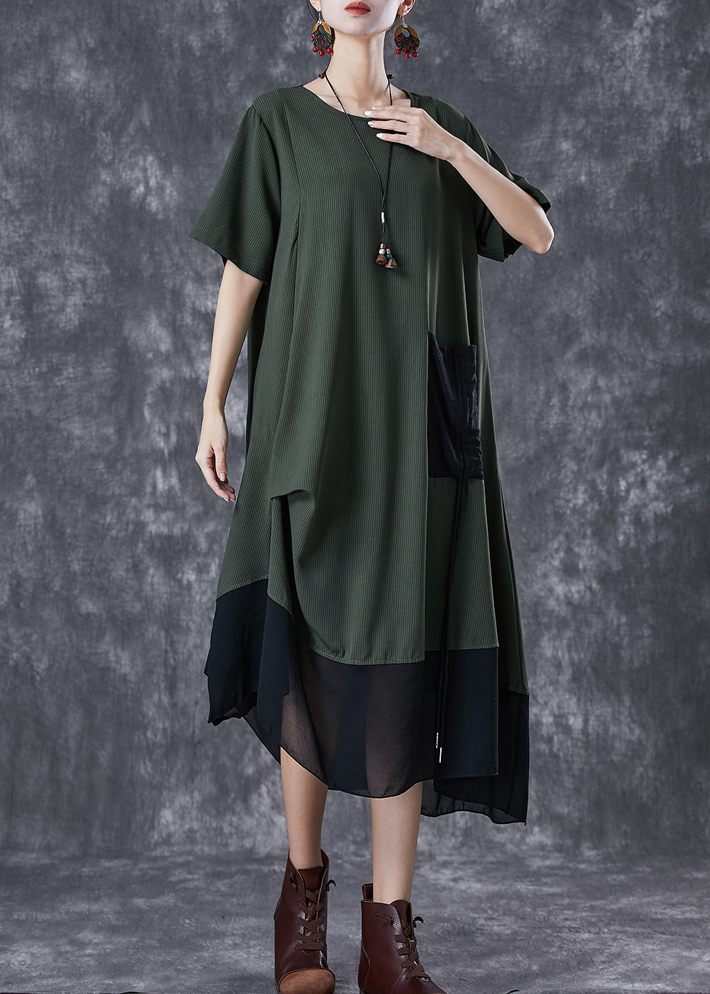 Army Green Cinched Patchwork Chiffon Maxi Dresses Summer