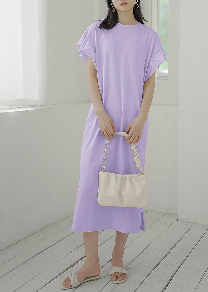 Army Green O-neck Side Open Cotton Vacation Dresses Butterfly Sleeve