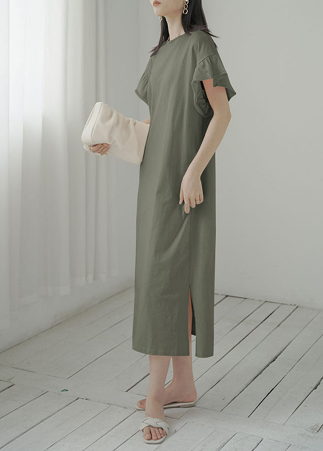 Army Green O-neck Side Open Cotton Vacation Dresses Butterfly Sleeve