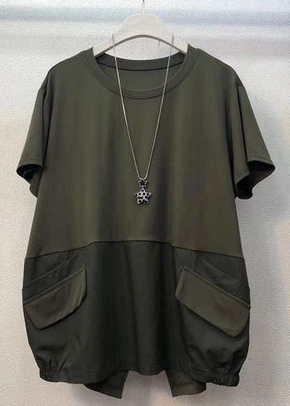 Army Green Pockets Low High Design Patchwork Cotton Tops Summer