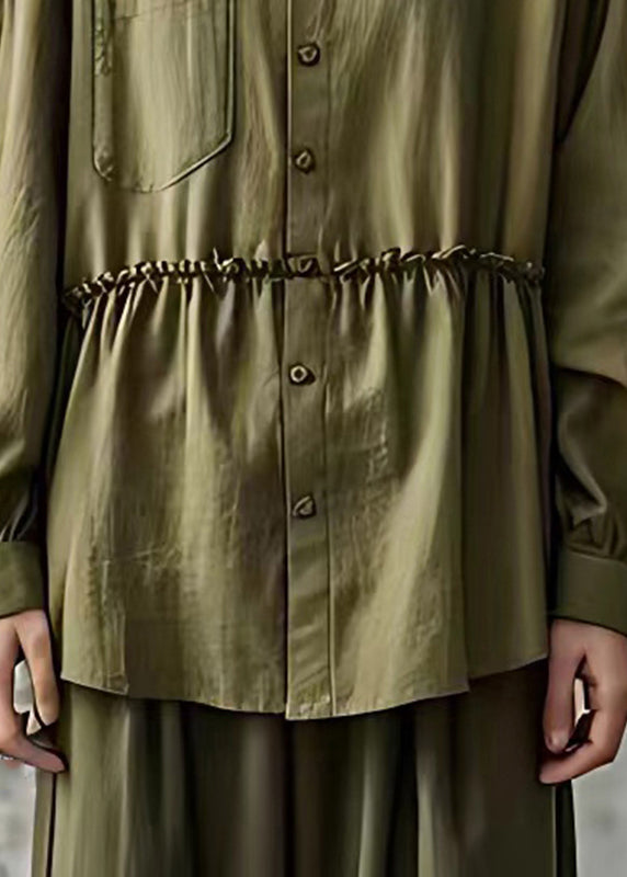 Women Army Green Ruffled Patchwork Top Fall
