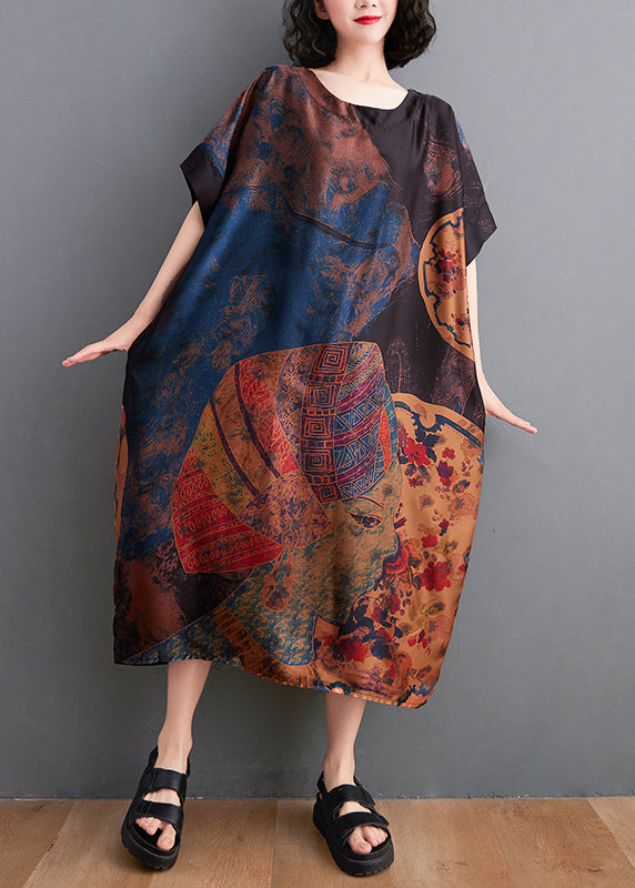 Baggy O-neck Print Chiffon Dresses Short Sleeve