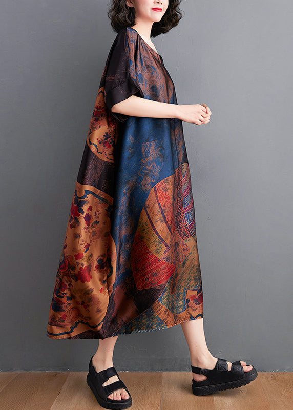 Baggy O-neck Print Chiffon Dresses Short Sleeve