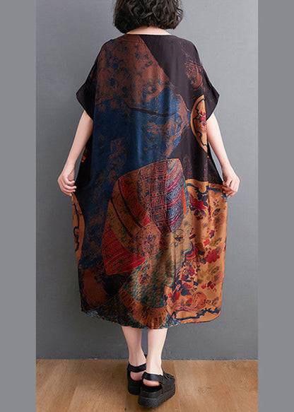 Baggy O-neck Print Chiffon Dresses Short Sleeve