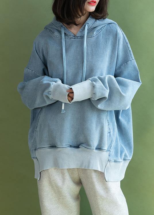 Batwing Sleeve Cotton Hooded Shirts Sewing Light Blue Blouse