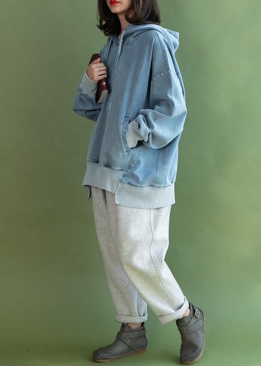 Batwing Sleeve Cotton Hooded Shirts Sewing Light Blue Blouse