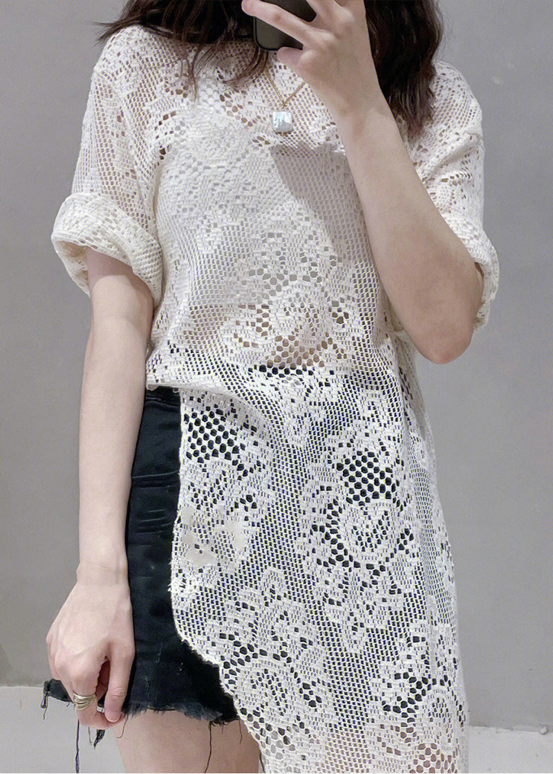Beige Asymmetrical Hollow Out Lace Tops Summer