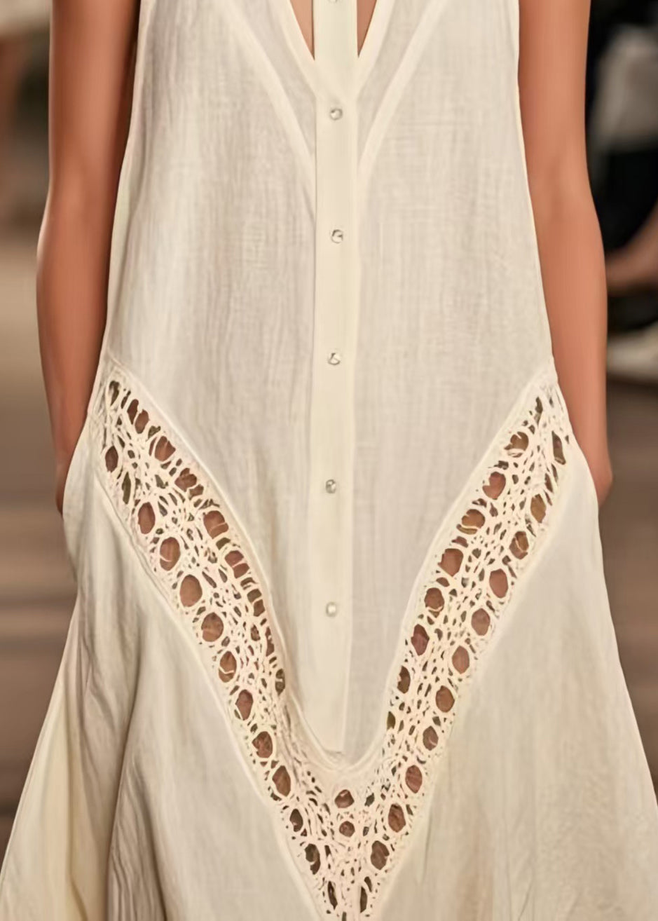 Beige Cold Shoulder Hollow Out Cotton Day Dresses Sleeveless