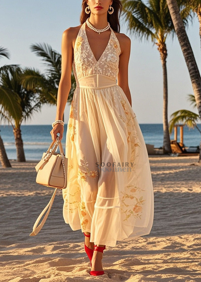 Beige Cold Shoulder Print Tulle Halter Dresses Summer