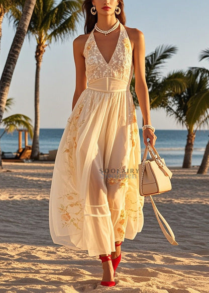 Beige Cold Shoulder Print Tulle Halter Dresses Summer