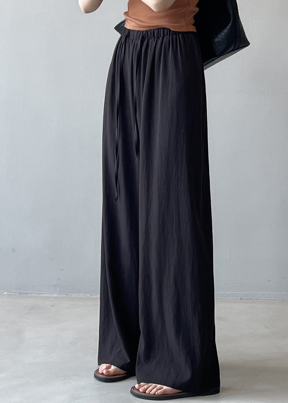 Beige Drawstring Draping Cotton Straight Pants Fall