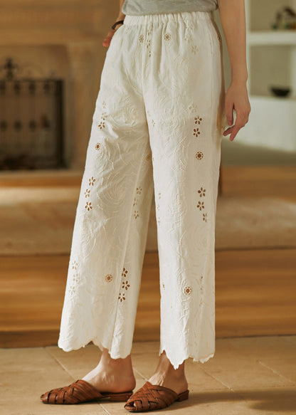 Beige Embroidered Pockets Cotton Wide Leg Pants Summer
