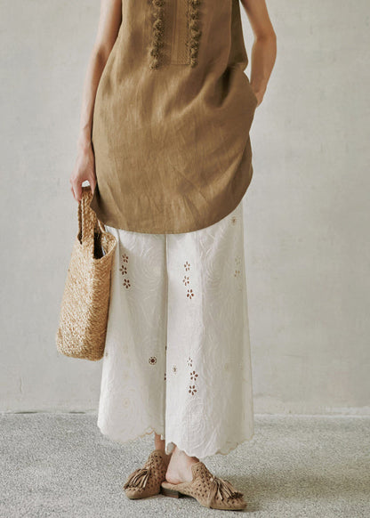 Beige Embroidered Pockets Cotton Wide Leg Pants Summer