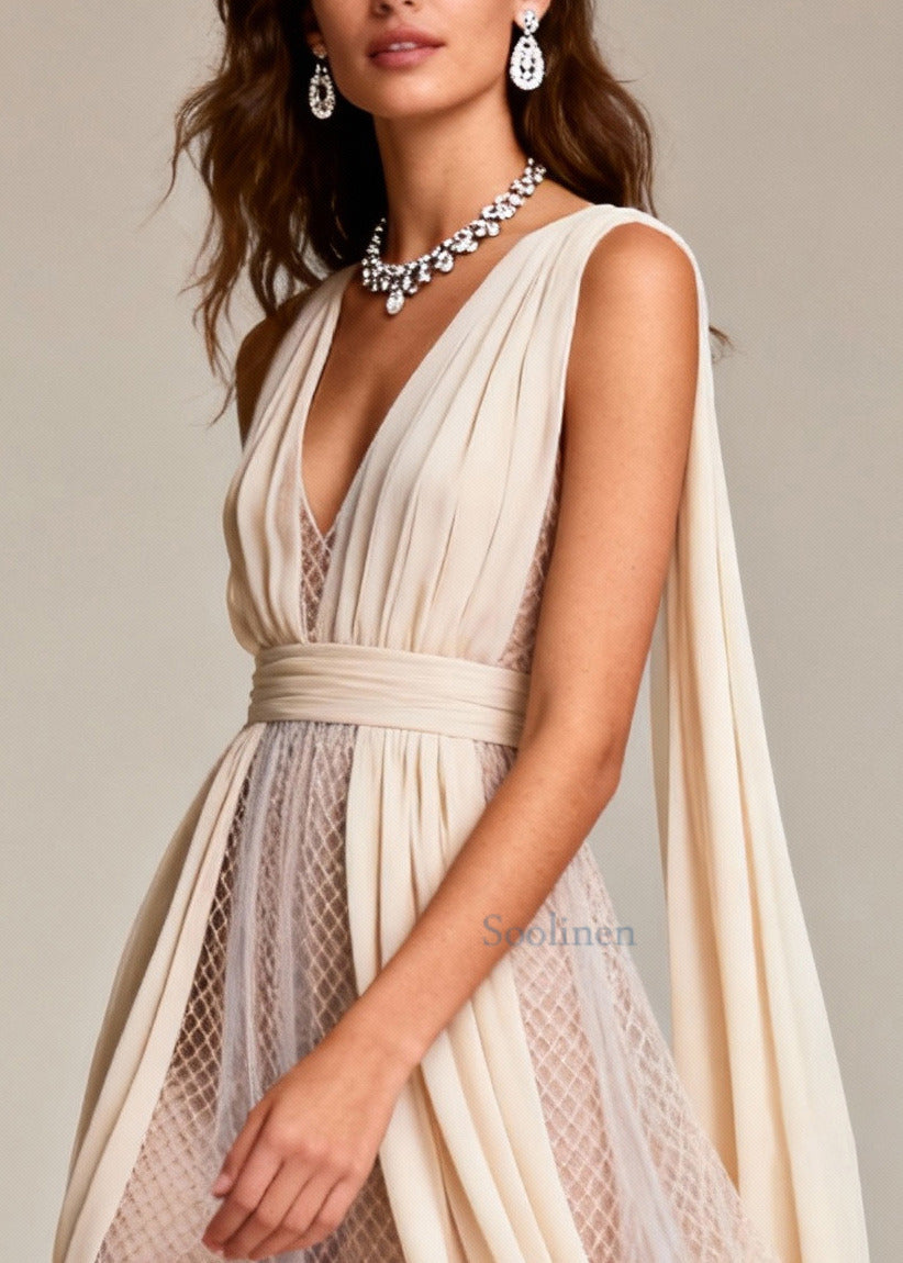 Beige Hollow Out Patchwork Tulle Evening Dress Summer