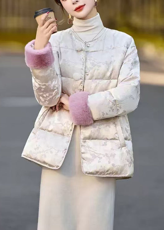 Beige Jacquard Fur Patchwork Duck Down Down Coat Winter