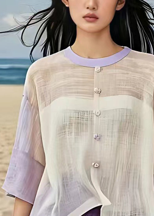 Beige O Neck Button Patchwork Cotton Shirt Half Sleeve