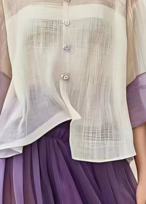 Beige O Neck Button Patchwork Cotton Shirt Half Sleeve