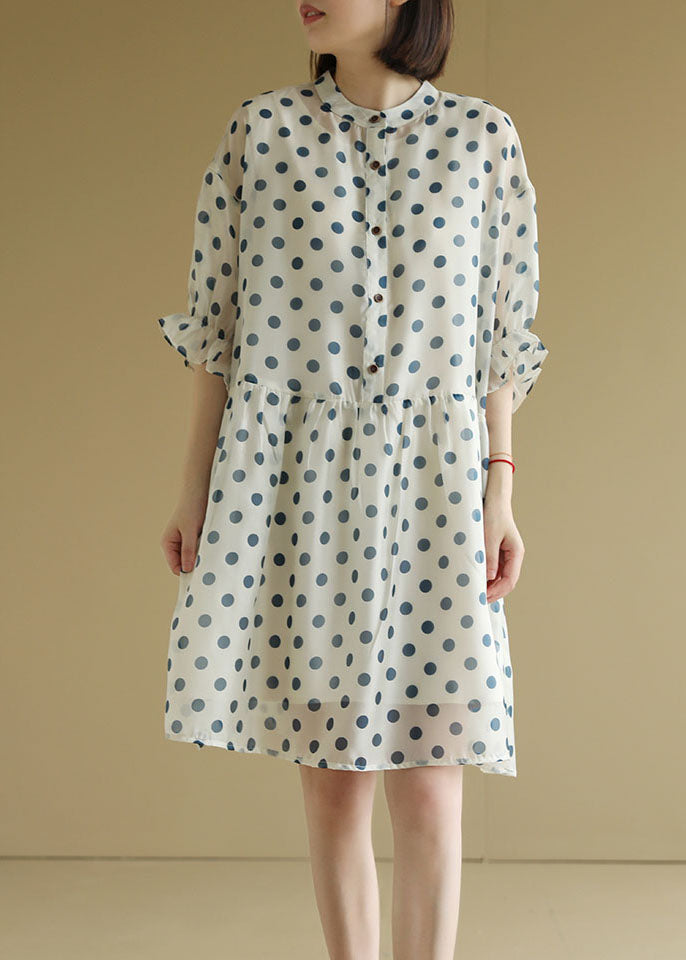 Beige O-neck Dot Print Chiffon Maxi Dresses Half Sleeve