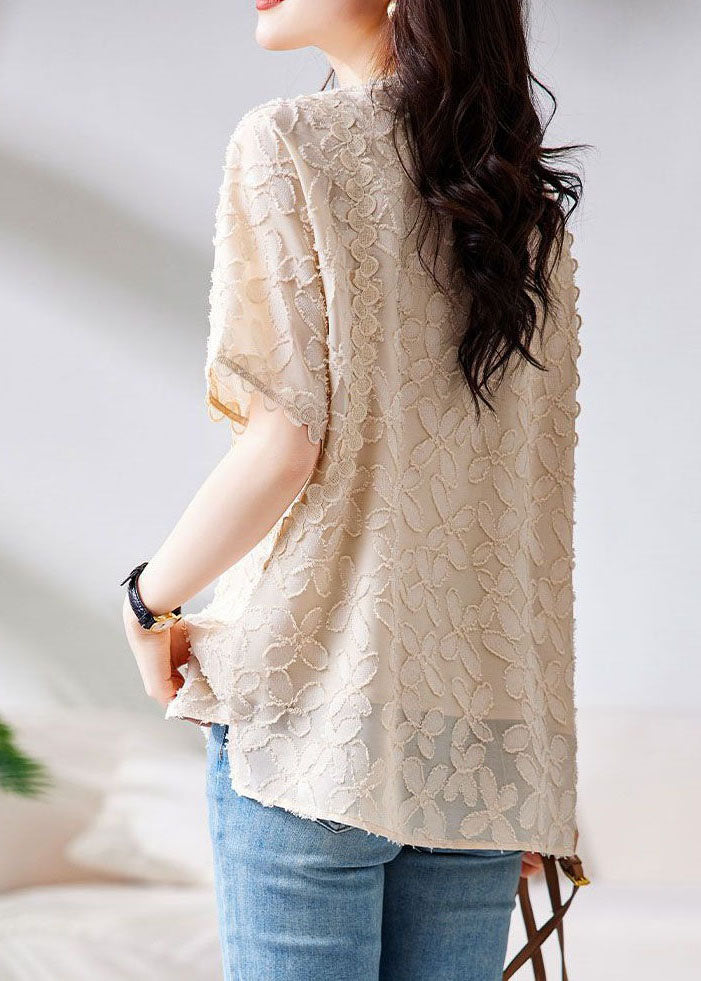 Beige O Neck Embroideried Patchwork Chiffon Shirts Summer