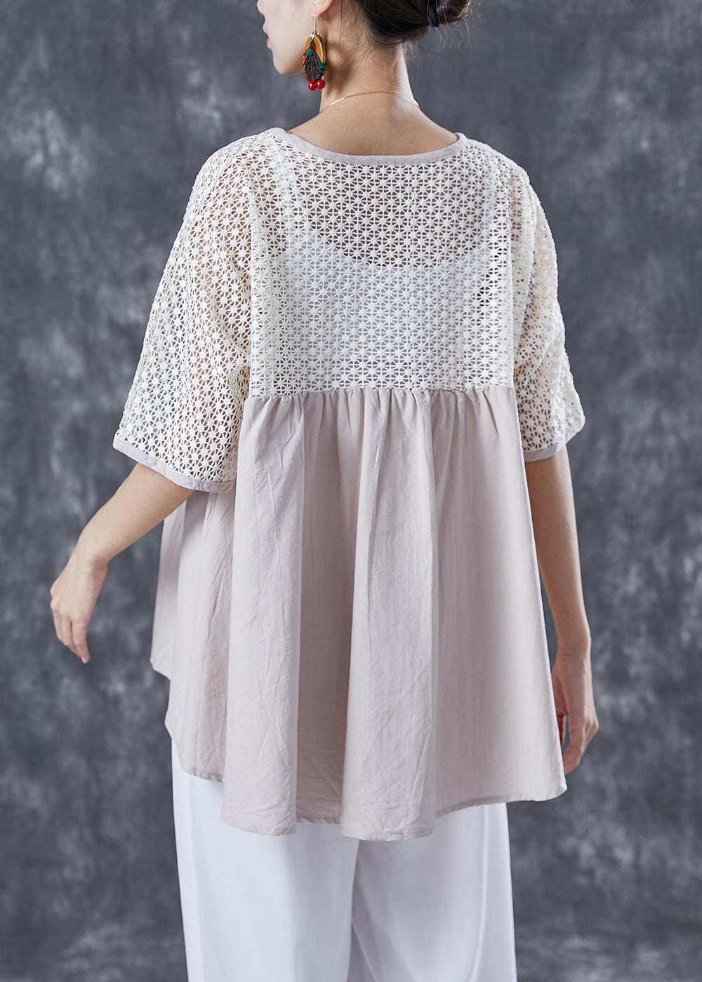 Beige Oversized Patchwork Cotton Shirts Summer