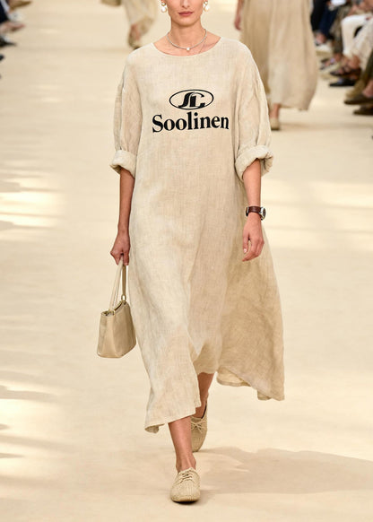 Beige Oversized Print Linen Long Dress Summer