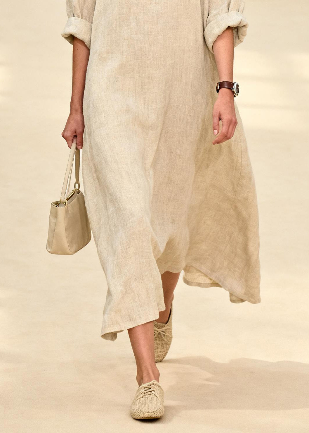 Beige Oversized Print Linen Long Dress Summer