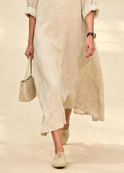Beige Oversized Print Linen Long Dress Summer