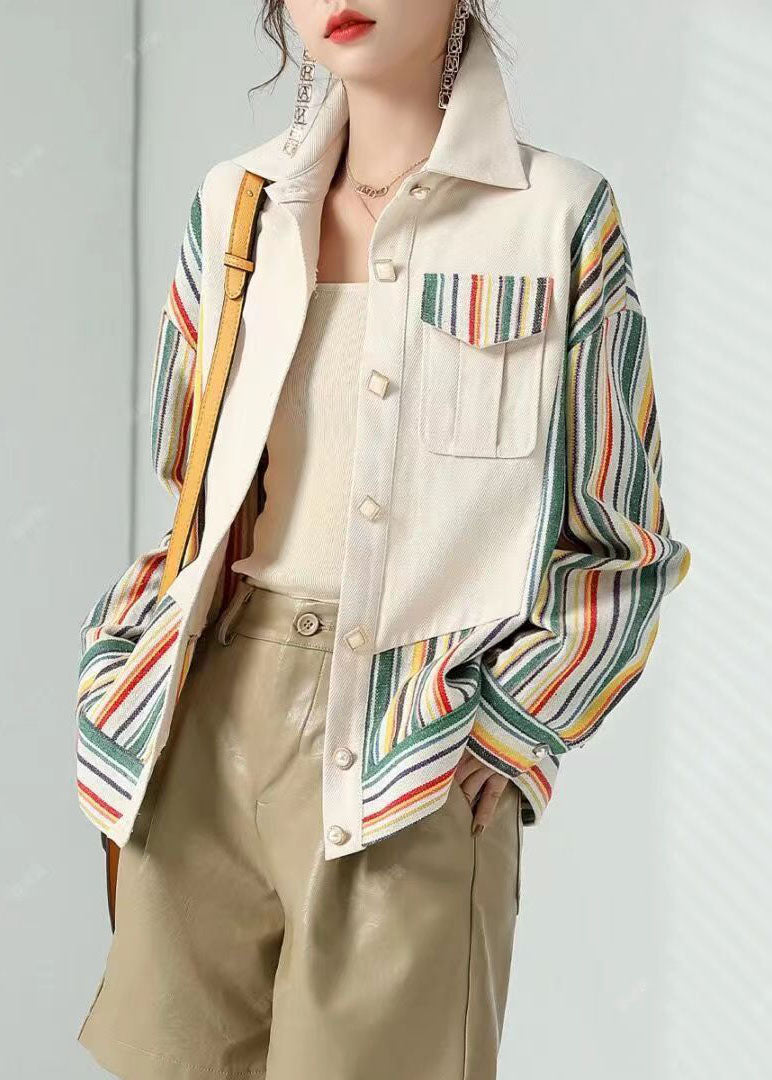 Beige Peter Pan Collar Pockets Striped Patchwork Cotton Coat Fall