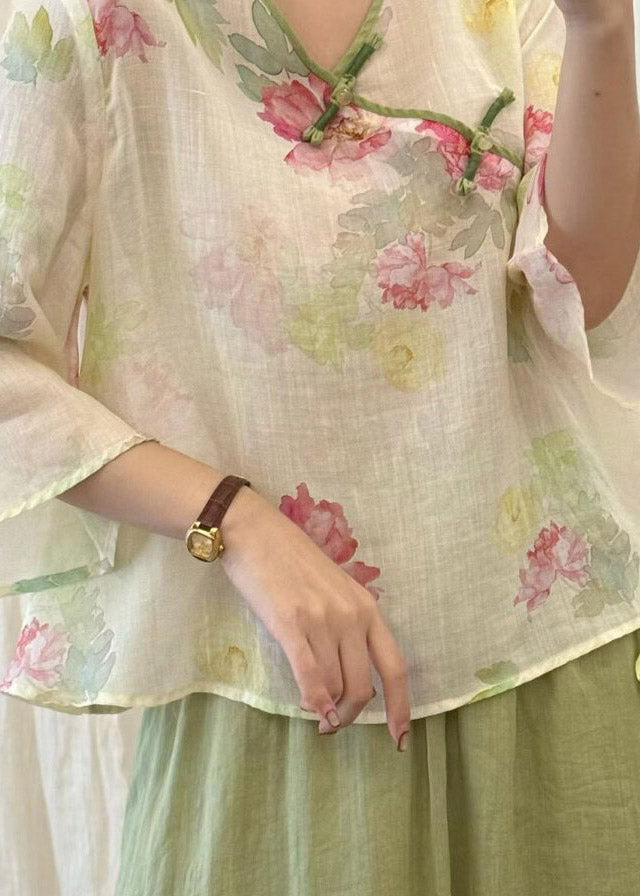 Beige Print Button Linen T Shirt Three Quarter Sleeve