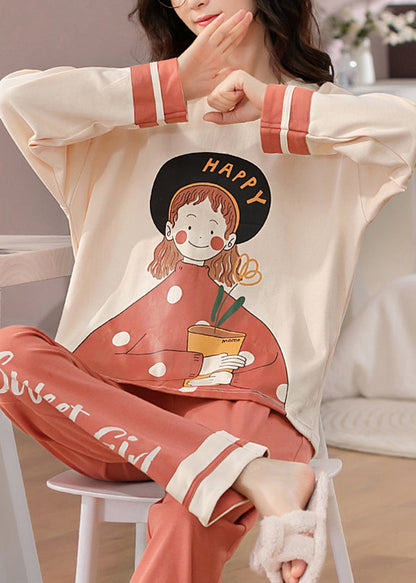Beige Print T Ahirt and Orange Pants Cotton Pajamas Two Pieces Set Fall