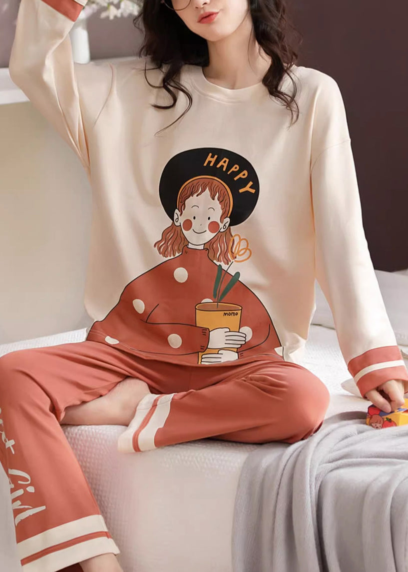 Beige Print T Ahirt and Orange Pants Cotton Pajamas Two Pieces Set Fall