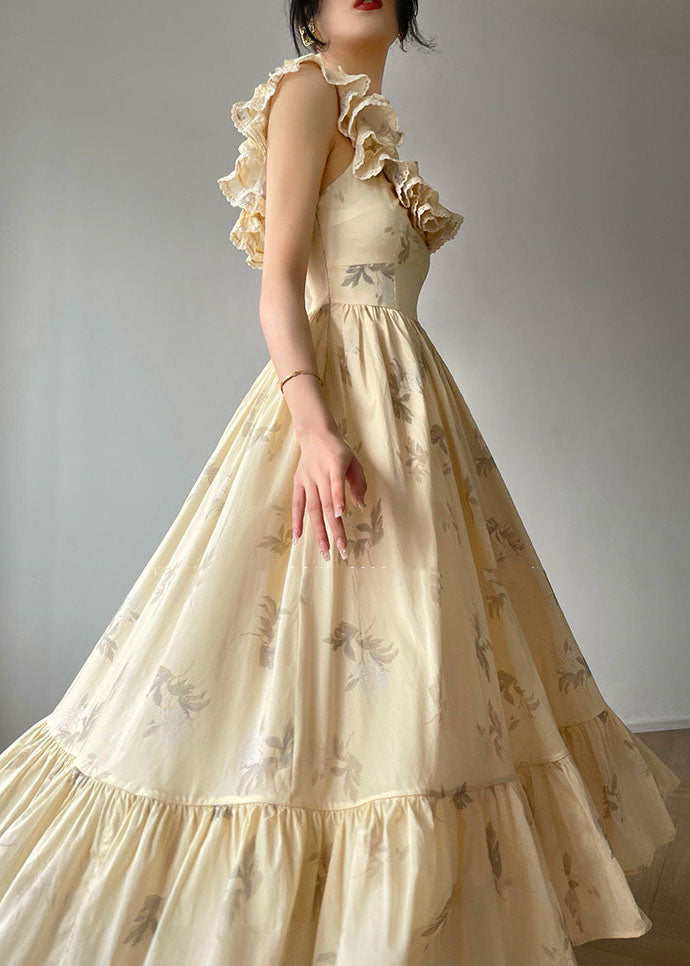 Beige Ruffled Backless Print Exra Large Hem Silk Long Dresses Summer