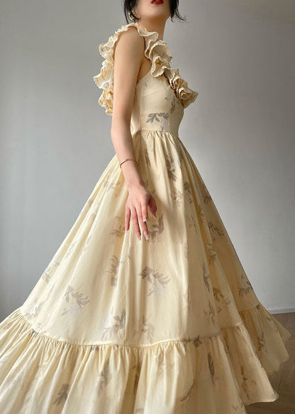 Beige Ruffled Backless Print Exra Large Hem Silk Long Dresses Summer
