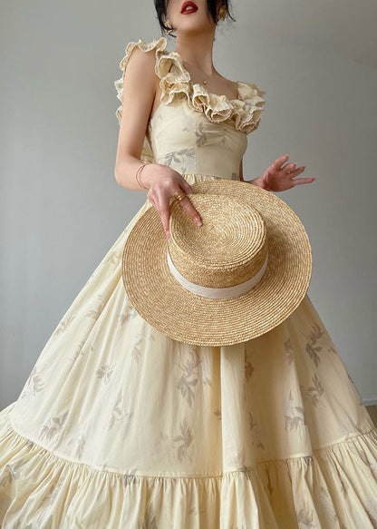 Beige Ruffled Backless Print Exra Large Hem Silk Long Dresses Summer