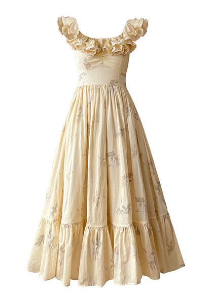 Beige Ruffled Backless Print Exra Large Hem Silk Long Dresses Summer