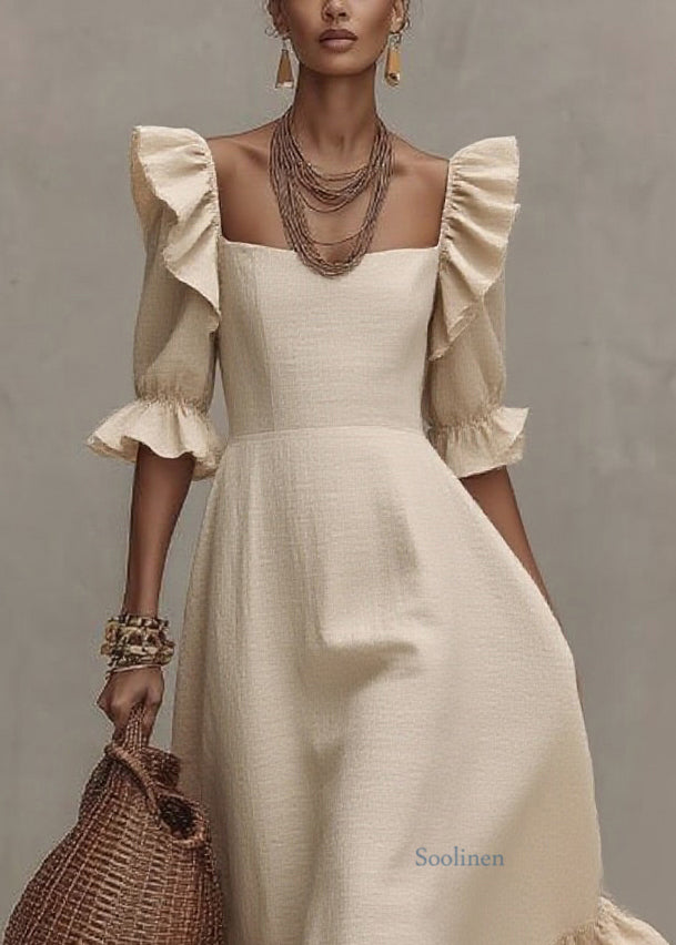 Beige Ruffled Patchwork Long Dresses Short Sleeve