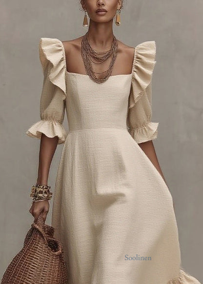 Beige Ruffled Patchwork Long Dresses Short Sleeve