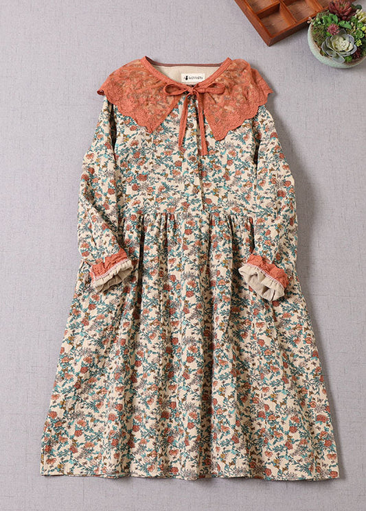 Beige Ruffled Print Cotton Dress Long Sleeve