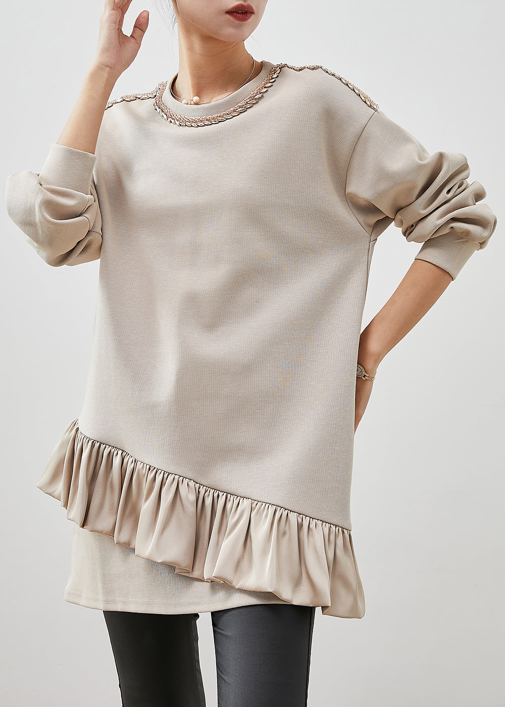 Beige Ruffles Patchwork Cotton Mini Dress Spring